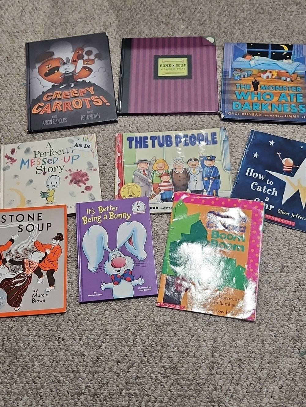 Set of kids, books, stone soup, creepy carrots, bone soup, chicka, chicka boom